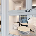 White Glass Storage Cabinet With Shelves Displaying Plates Bowls And Drawers