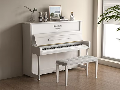 White Piano and Art Supplies in Elegant Room with Bench Window and Plant 3d model