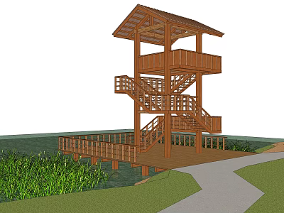 Wooden Tower Featuring Multi level Structure Covered Top Stairs Waterfront Deck And Grass 3d model