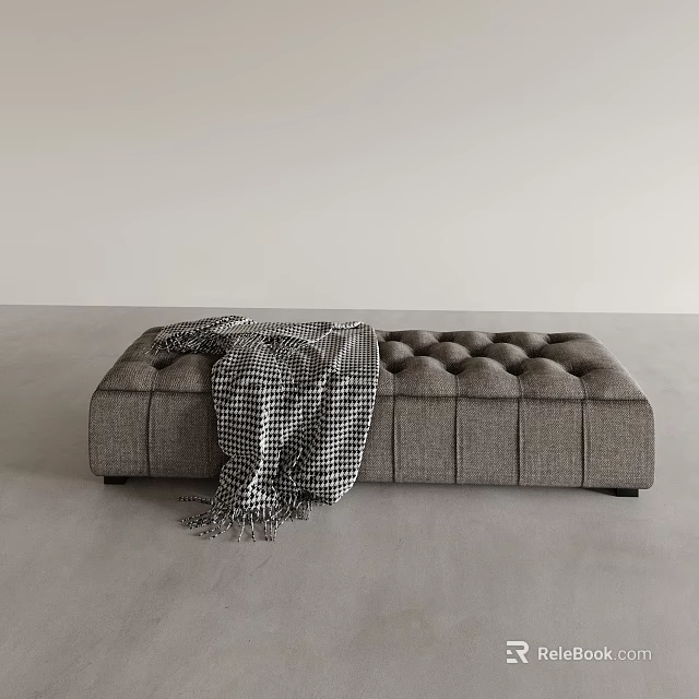 Gray Tufted Fabric Sofa Bench With Plaid Blanket In Modern Minimalist Style 3d model 