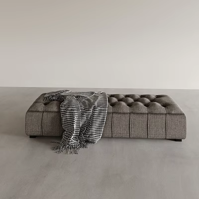 Gray Tufted Fabric Sofa Bench With Plaid Blanket In Modern Minimalist Style 3d model