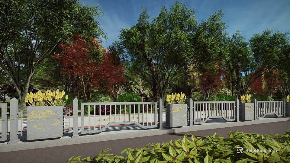 Decorative Gray Road Guardrail With Yellow Flowers And Green Trees Along Urban Path 3d model 