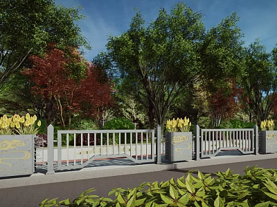 Decorative Gray Road Guardrail With Yellow Flowers And Green Trees Along Urban Path 3d model