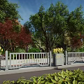 Decorative Gray Road Guardrail With Yellow Flowers And Green Trees Along Urban Path
