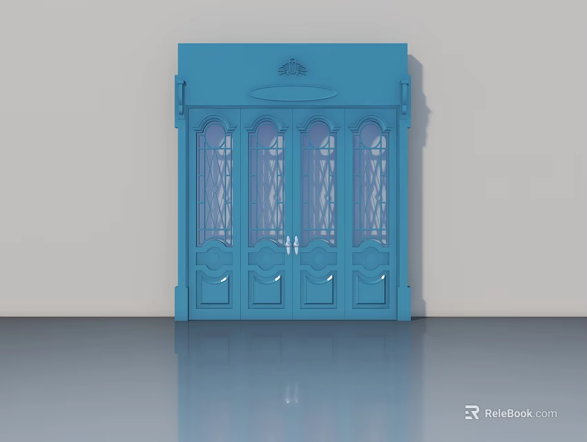 Blue Swing Door Featuring Decorative Glass Panels And Intricate Carvings For Elegant Interior Design 3d model 