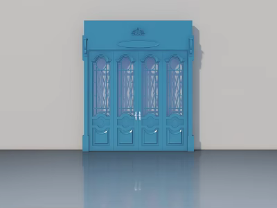 Blue Swing Door Featuring Decorative Glass Panels And Intricate Carvings For Elegant Interior Design 3d model