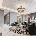 Elegant Modern Living Dining Room Interior With Green Sofa Round Coffee Table And Chandelier