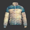 Trendy Puffer Jacket With Blue Yellow Beige Intricate Geometric Print Stand Collar Design