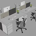 Modern Office Desk Setup With Multiple Workstations Computer Monitors Mesh Chairs Dividers And Potted Plants