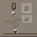 Abstract Painting Framed Artwork Display On Wall With Wooden Shelf Vase And Twigs