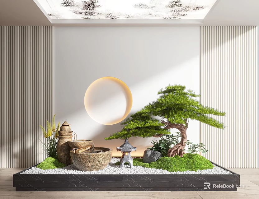 Zen Style Indoor Landscape With Pine Tree Rock Water Fountain And Circular Decoration 3d model 