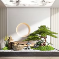 Zen Style Indoor Landscape With Pine Tree Rock Water Fountain And Circular Decoration