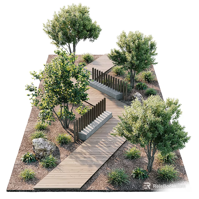 Scenic Garden Pathway With Wooden Walkway Stone Steps And Green Trees 3d model 