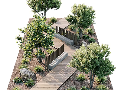 Scenic Garden Pathway With Wooden Walkway Stone Steps And Green Trees 3d model