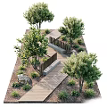 Scenic Garden Pathway With Wooden Walkway Stone Steps And Green Trees