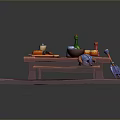 Red Wooden Dining Table With Bread Eggs Bowl Bottles And Matching Bench