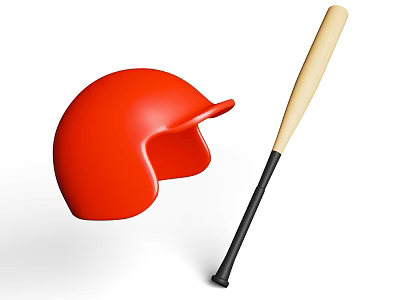 Red Baseball Helmet And Wooden Bat With Black Handle Essential Sports Gear 3d model