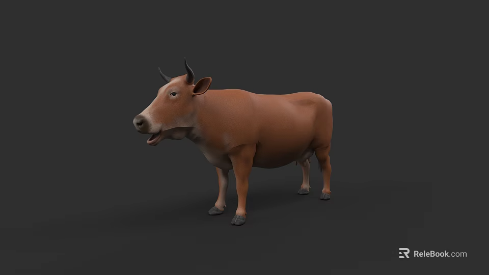 Realistic Brown Cow 3D Model Standing With Horns On Grey Background 3d model 