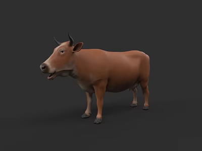 Realistic Brown Cow 3D Model Standing With Horns On Grey Background 3d model