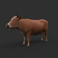 Realistic Brown Cow 3D Model Standing With Horns On Grey Background