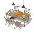 Wooden Dining Table Set With Four Chairs Decorative Pumpkins Books Black Cat And Pendant Lights