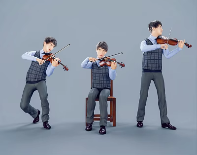 Men Playing Violin In Different Poses Standing Sitting And Lifting Leg 3d model