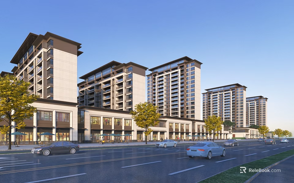 Modern High Rise Residential Buildings With Ground Floor Shops And Street Trees 3d model 