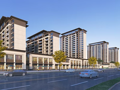 Modern High Rise Residential Buildings With Ground Floor Shops And Street Trees 3d model