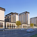 Modern High Rise Residential Buildings With Ground Floor Shops And Street Trees