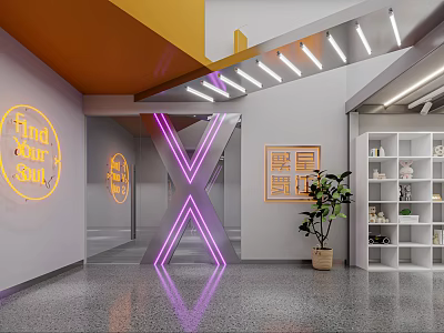 Modern School Interior With Purple Neon X Decoration Find Your Soul Sign And Green Plant 3d model