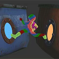 Game Film Character in Spacesuit Jumping Between Rusty Metal Containers With Blue Red Glowing Portals