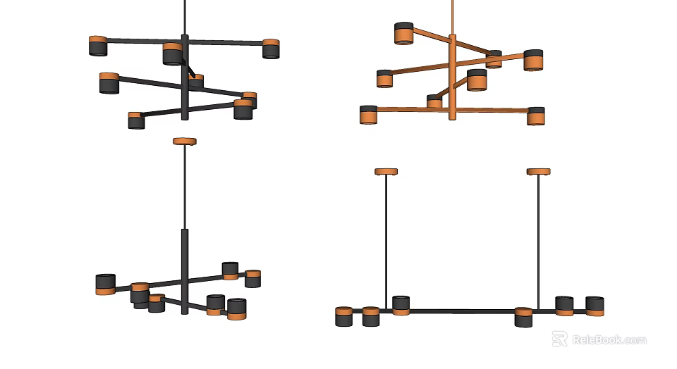 Modern Multi Arm Pendant Lights with Black and Orange Hanging Bulb Structures 3d model