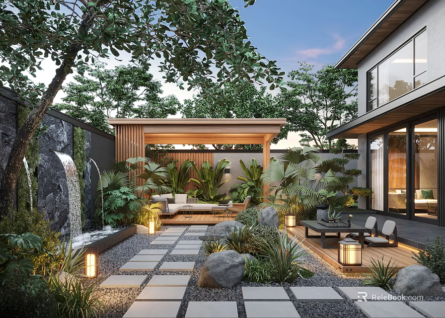 Tranquil Garden Outdoor Design With Wooden Pavilion Stone Slab Path Waterfall And Lanterns 3d model 