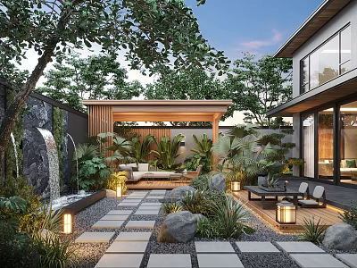 Tranquil Garden Outdoor Design With Wooden Pavilion Stone Slab Path Waterfall And Lanterns 3d model