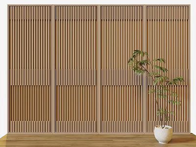 Wooden Room Divider with Vertical Slat Design and Potted Plant White Planter on Wooden Floor 3d model