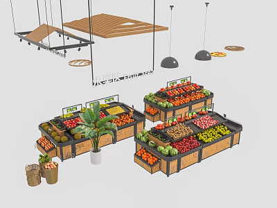 Wooden and Metal Fruit Display Shelves for Organized Retail Fresh Fruits Display with Plant Decor 3d model
