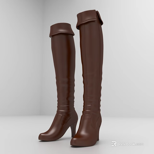 Stylish Brown Leather Knee High Boots With High Heel And Classic Design 3d model 