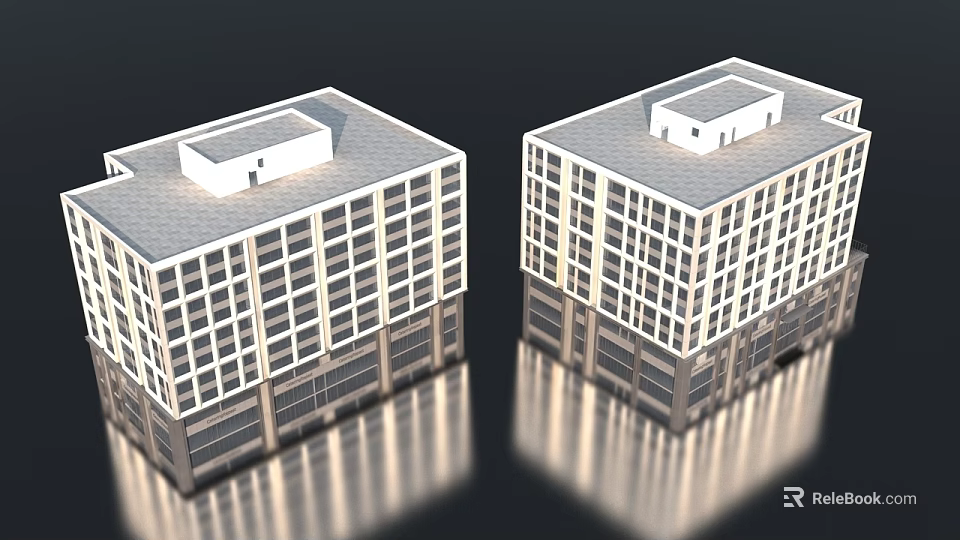Two Modern Office Buildings With Glass Windows Flat Roof And Stone Base 3d model 