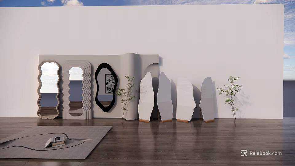 Decorative Mirrors Of Various Shapes In Modern Interior With Wooden Floor And Green Plants 3d model 