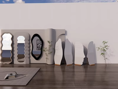 Decorative Mirrors Of Various Shapes In Modern Interior With Wooden Floor And Green Plants 3d model