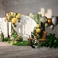Elegant Event Decor Setup With Green Yellow Balloons Green Plants And Wooden Chairs