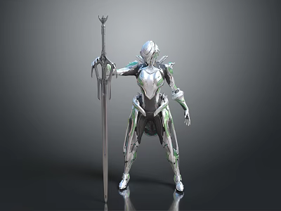 Sci Fi Biomechanical Character In Silver Green Armor Holding Futuristic Polearm Weapon 3d model