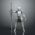Sci Fi Biomechanical Character In Silver Green Armor Holding Futuristic Polearm Weapon