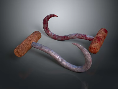 Bloodstained Red And Gray Metal Hook Tools With Wooden Handles Curved Shapes 3d model
