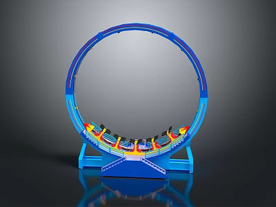 Blue Circular Roller Coaster Model With Support Structure And Colored Cars On Dark Background 3d model