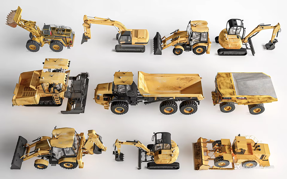 Various Construction Vehicle Models Displayed Together 3d model