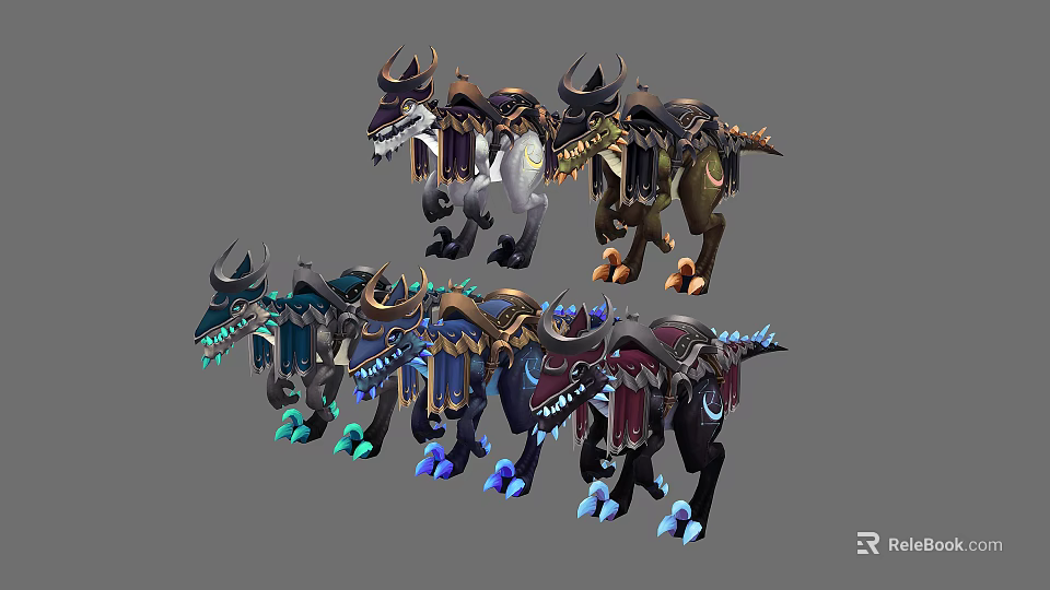 Various Colorful Decorated Dinosaur Mounts With Saddles And Horns In Game Design 3d model 