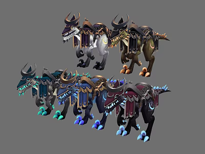 Various Colorful Decorated Dinosaur Mounts With Saddles And Horns In Game Design 3d model