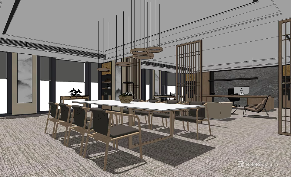Modern Office Interior Space With Large Meeting Table Chairs Pendant Lights And Wooden Grille Partitions 3d model 