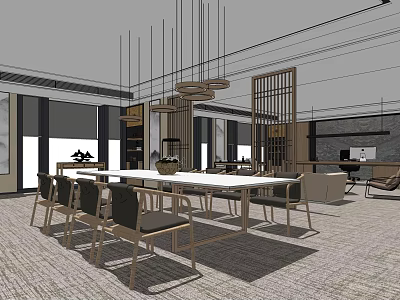 Modern Office Interior Space With Large Meeting Table Chairs Pendant Lights And Wooden Grille Partitions 3d model